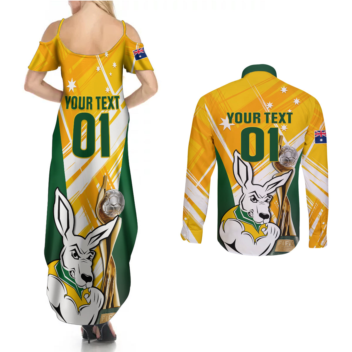 Custom Australia Soccer Couples Matching Summer Maxi Dress and Long Sleeve Button Shirts Matildas Kangaroo With World Cup Trophy 2023 Yellow Version - Wonder Print Shop