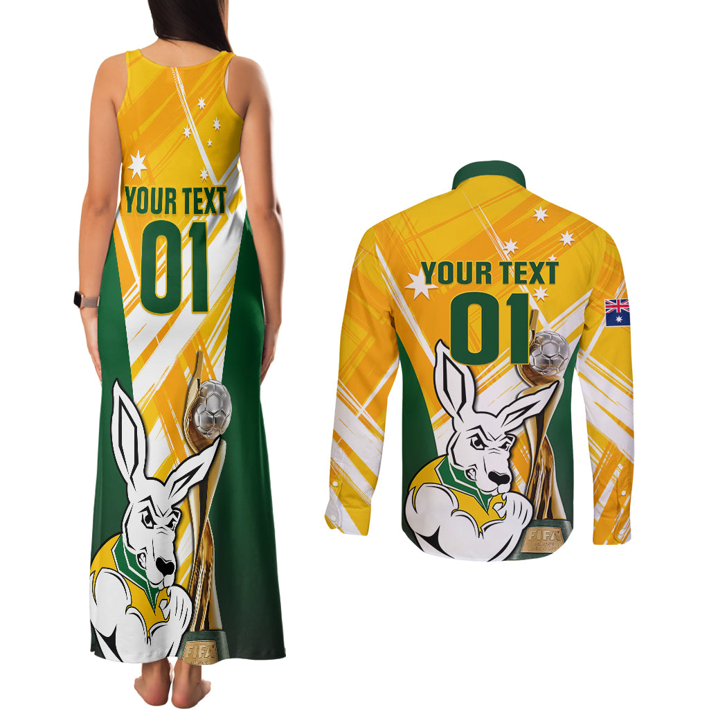 Custom Australia Soccer Couples Matching Tank Maxi Dress and Long Sleeve Button Shirts Matildas Kangaroo With World Cup Trophy 2023 Yellow Version - Wonder Print Shop