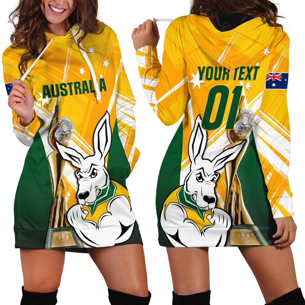 Custom Australia Soccer Hoodie Dress Matildas Kangaroo With World Cup Trophy 2023 Yellow Version - Wonder Print Shop