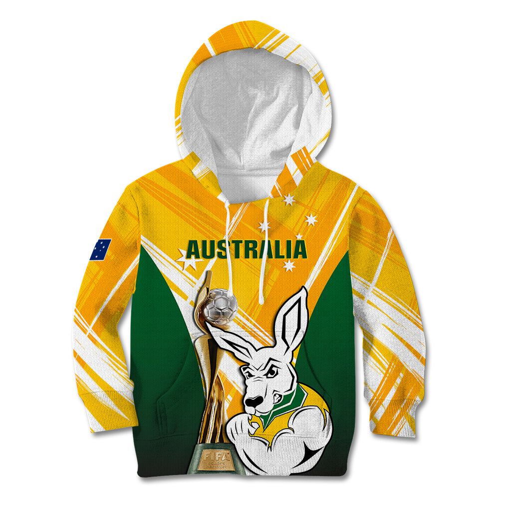 Custom Australia Soccer Kid Hoodie Matildas Kangaroo With World Cup Trophy 2023 Yellow Version - Wonder Print Shop