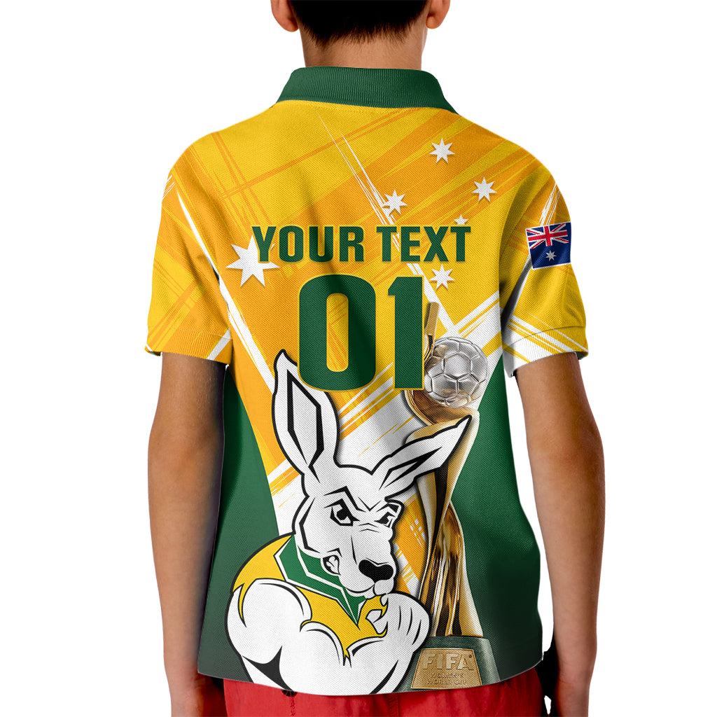 Custom Australia Soccer Kid Polo Shirt Matildas Kangaroo With World Cup Trophy 2023 Yellow Version - Wonder Print Shop