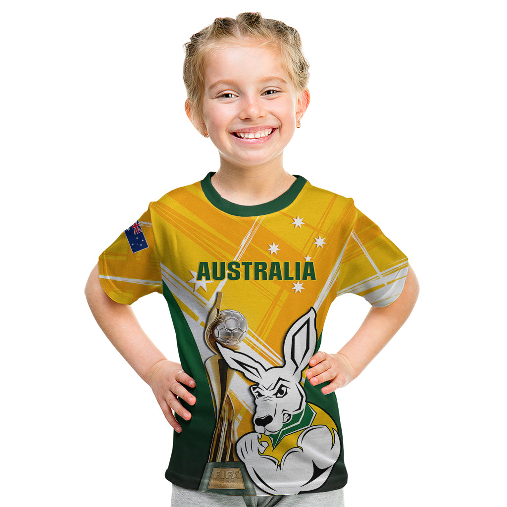 Custom Australia Soccer Kid T Shirt Matildas Kangaroo With World Cup Trophy 2023 Yellow Version - Wonder Print Shop