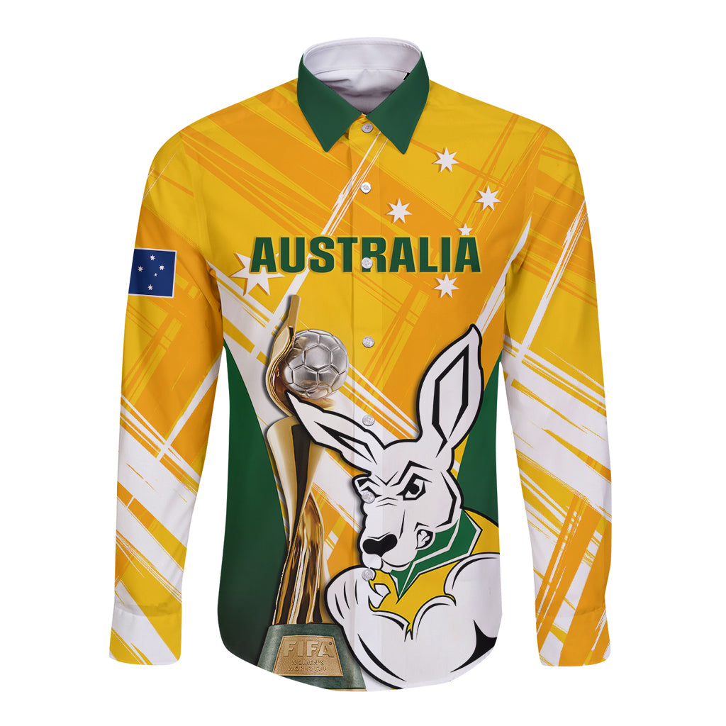Custom Australia Soccer Long Sleeve Button Shirt Matildas Kangaroo With World Cup Trophy 2023 Yellow Version - Wonder Print Shop