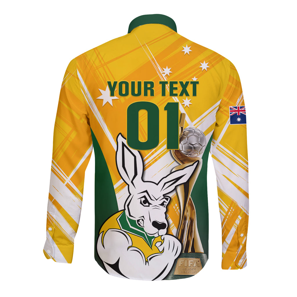 Custom Australia Soccer Long Sleeve Button Shirt Matildas Kangaroo With World Cup Trophy 2023 Yellow Version - Wonder Print Shop