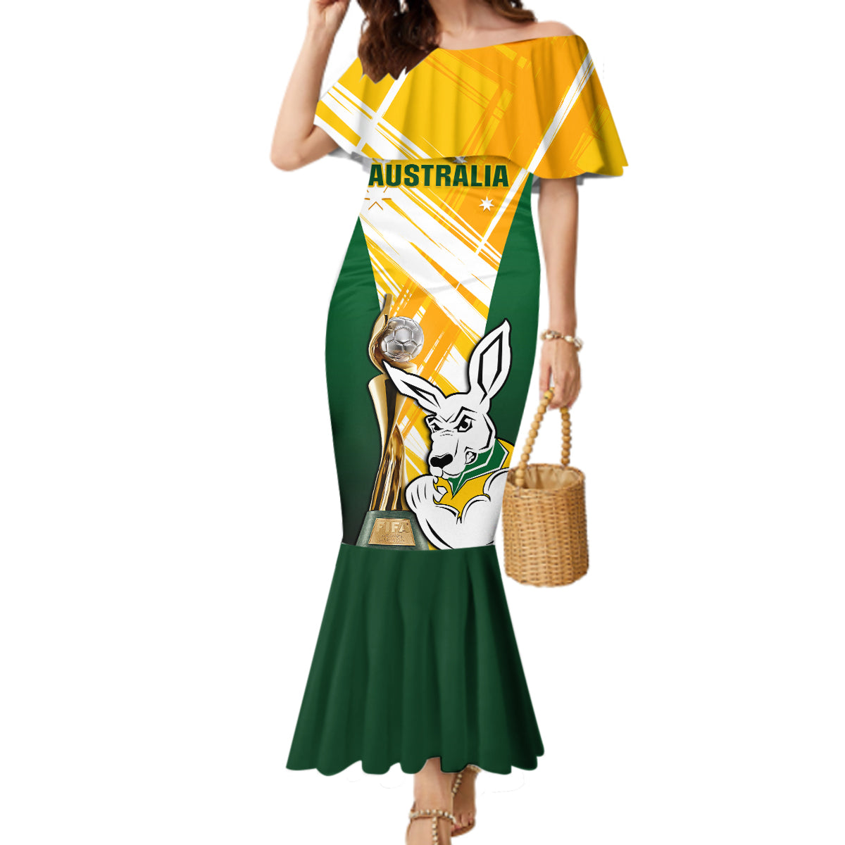 Custom Australia Soccer Mermaid Dress Matildas Kangaroo With World Cup Trophy 2023 Yellow Version - Wonder Print Shop