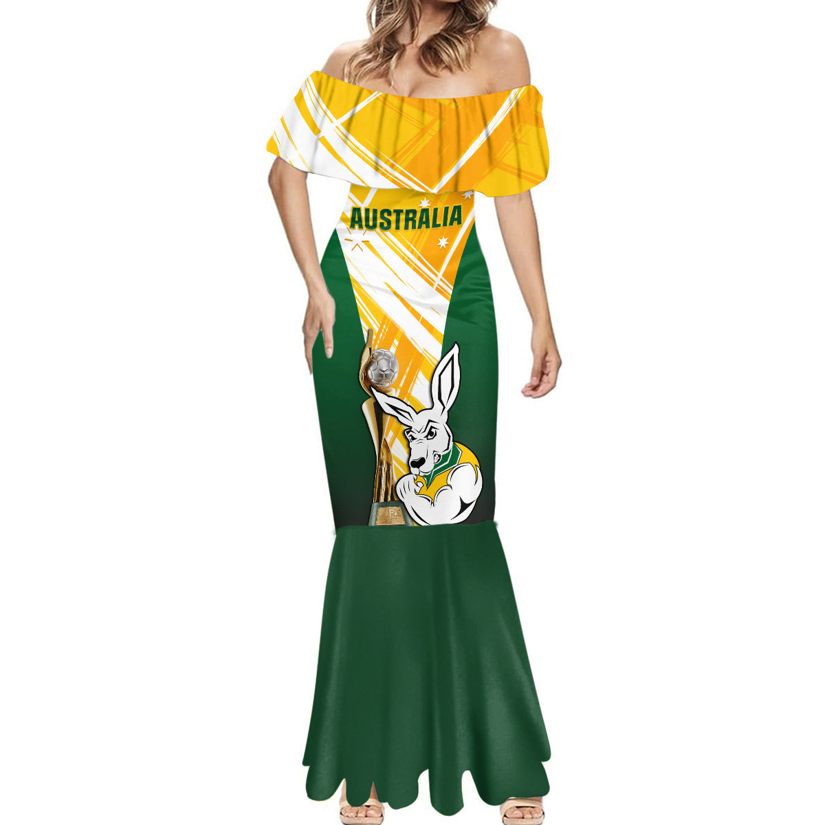 Custom Australia Soccer Mermaid Dress Matildas Kangaroo With World Cup Trophy 2023 Yellow Version - Wonder Print Shop