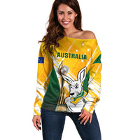 Custom Australia Soccer Off Shoulder Sweater Matildas Kangaroo With World Cup Trophy 2023 Yellow Version - Wonder Print Shop