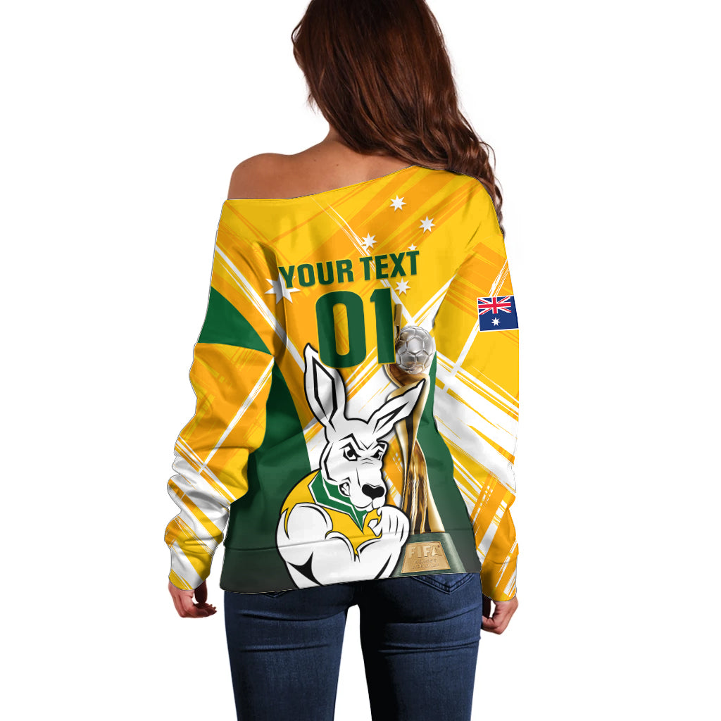 Custom Australia Soccer Off Shoulder Sweater Matildas Kangaroo With World Cup Trophy 2023 Yellow Version - Wonder Print Shop