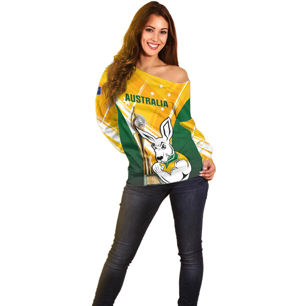 Custom Australia Soccer Off Shoulder Sweater Matildas Kangaroo With World Cup Trophy 2023 Yellow Version - Wonder Print Shop