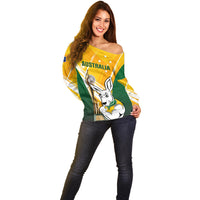 Custom Australia Soccer Off Shoulder Sweater Matildas Kangaroo With World Cup Trophy 2023 Yellow Version - Wonder Print Shop