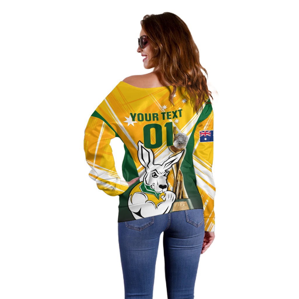 Custom Australia Soccer Off Shoulder Sweater Matildas Kangaroo With World Cup Trophy 2023 Yellow Version - Wonder Print Shop