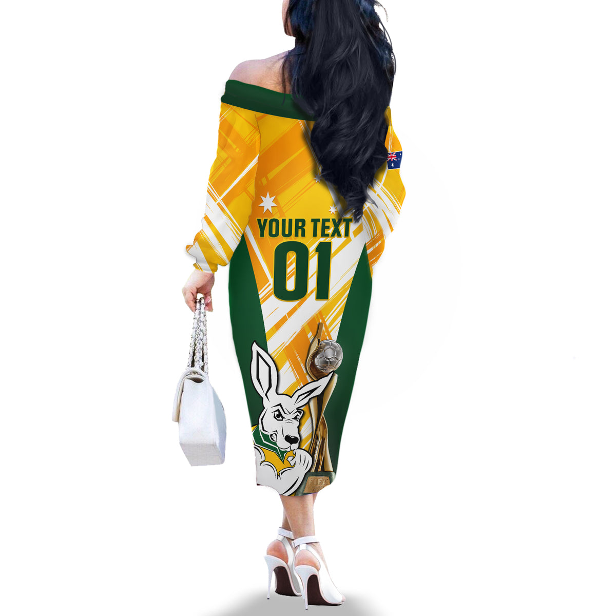 Custom Australia Soccer Off The Shoulder Long Sleeve Dress Matildas Kangaroo With World Cup Trophy 2023 Yellow Version - Wonder Print Shop