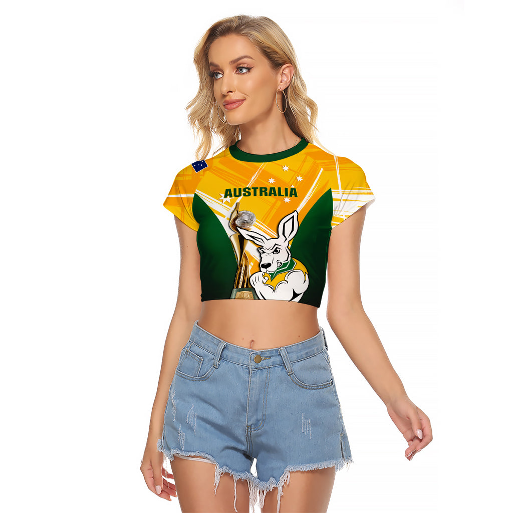 Custom Australia Soccer Raglan Cropped T Shirt Matildas Kangaroo With World Cup Trophy 2023 Yellow Version - Wonder Print Shop