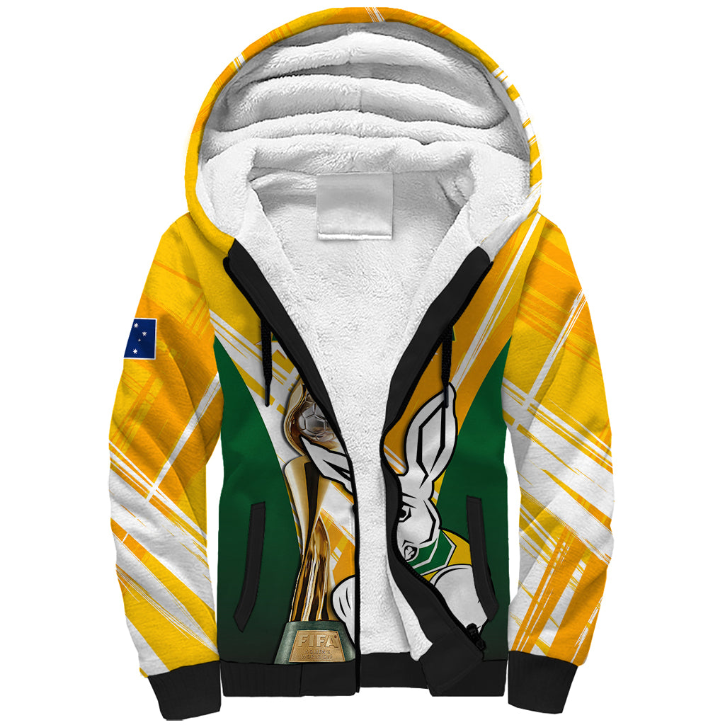 Custom Australia Soccer Sherpa Hoodie Matildas Kangaroo With World Cup Trophy 2023 Yellow Version - Wonder Print Shop