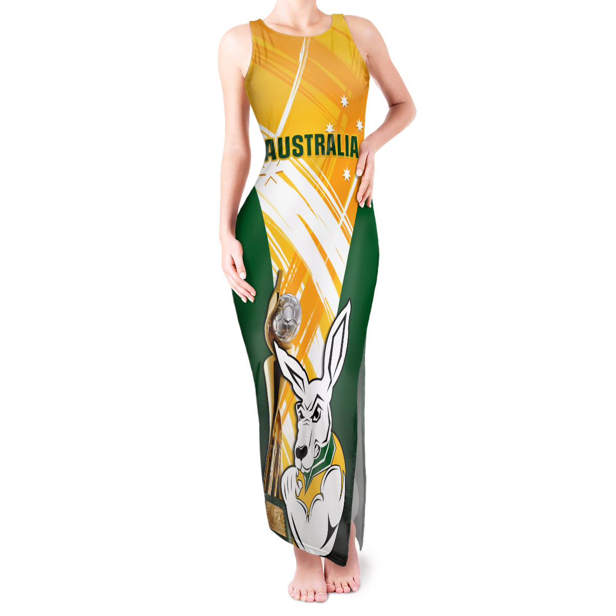 Custom Australia Soccer Tank Maxi Dress Matildas Kangaroo With World Cup Trophy 2023 Yellow Version - Wonder Print Shop