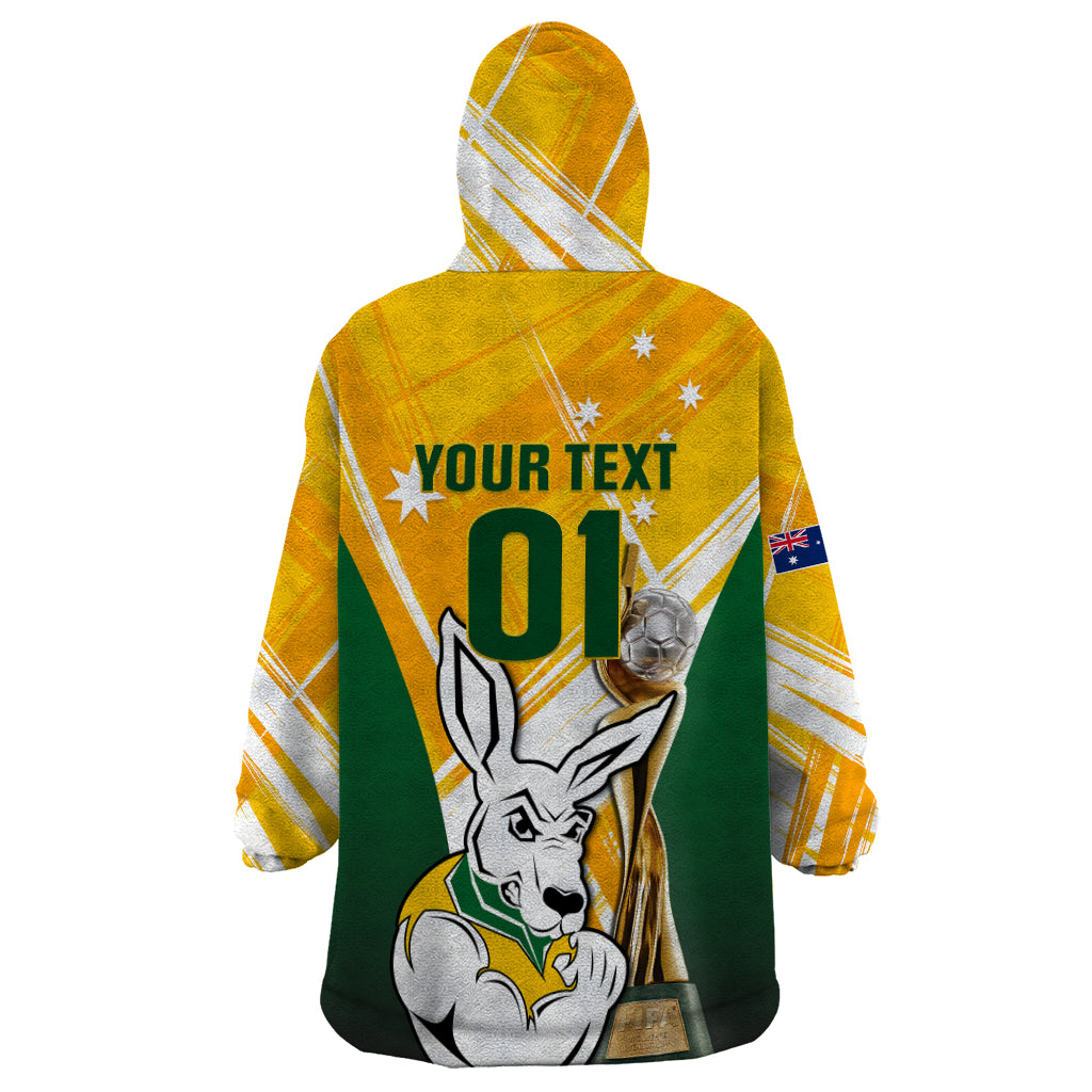 Custom Australia Soccer Wearable Blanket Hoodie Matildas Kangaroo With World Cup Trophy 2023 Yellow Version - Wonder Print Shop