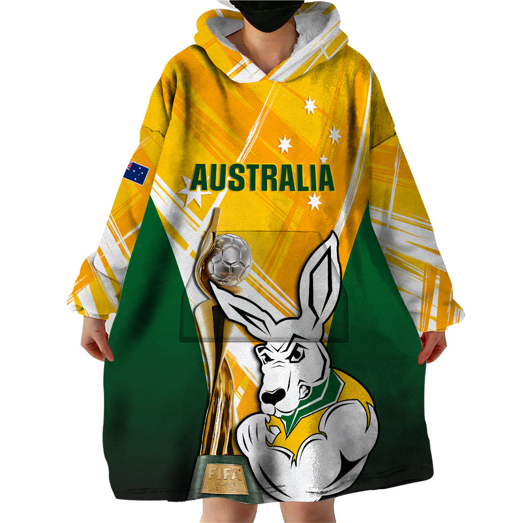 Custom Australia Soccer Wearable Blanket Hoodie Matildas Kangaroo With World Cup Trophy 2023 Yellow Version - Wonder Print Shop