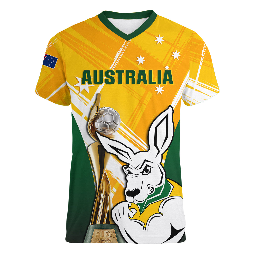 Custom Australia Soccer Women V Neck T Shirt Matildas Kangaroo With World Cup Trophy 2023 Yellow Version - Wonder Print Shop