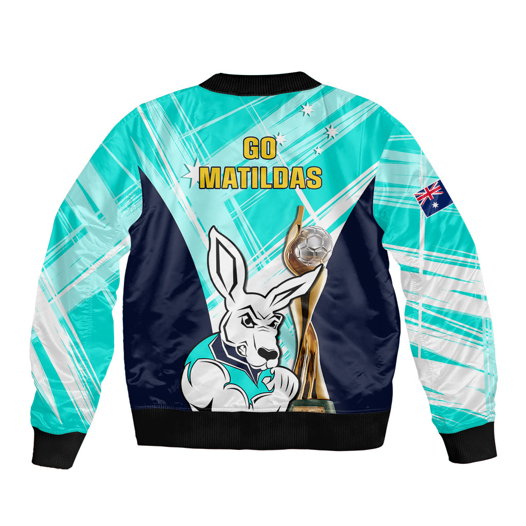 Australia Soccer Bomber Jacket Matildas Kangaroo With World Cup Trophy 2023 Turquoise Version - Wonder Print Shop