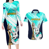 Australia Soccer Couples Matching Long Sleeve Bodycon Dress and Hawaiian Shirt Matildas Kangaroo With World Cup Trophy 2023 Turquoise Version - Wonder Print Shop