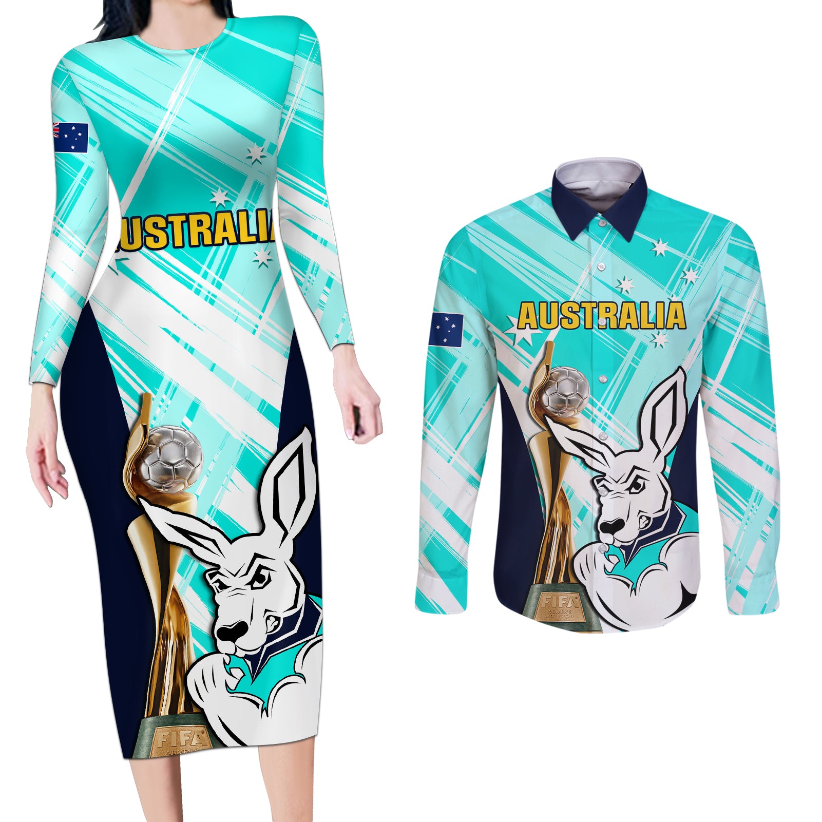 Australia Soccer Couples Matching Long Sleeve Bodycon Dress and Long Sleeve Button Shirts Matildas Kangaroo With World Cup Trophy 2023 Turquoise Version - Wonder Print Shop