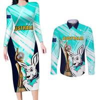 Australia Soccer Couples Matching Long Sleeve Bodycon Dress and Long Sleeve Button Shirts Matildas Kangaroo With World Cup Trophy 2023 Turquoise Version - Wonder Print Shop