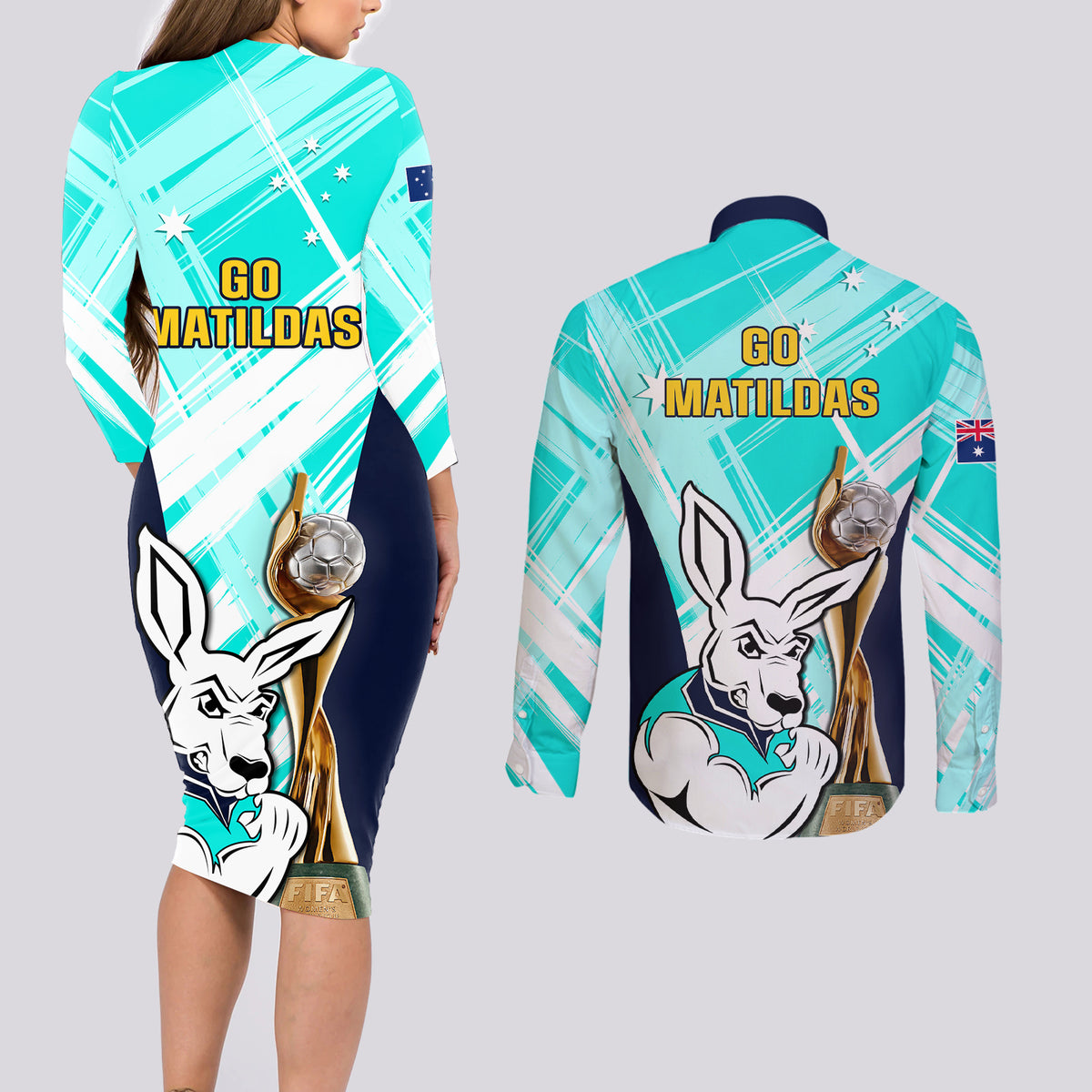 Australia Soccer Couples Matching Long Sleeve Bodycon Dress and Long Sleeve Button Shirts Matildas Kangaroo With World Cup Trophy 2023 Turquoise Version - Wonder Print Shop