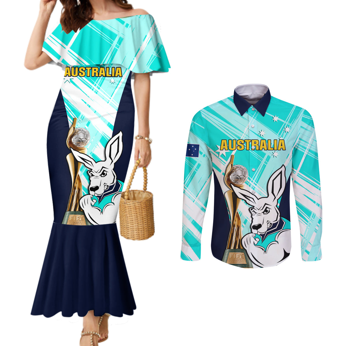 australia-soccer-couples-matching-mermaid-dress-and-long-sleeve-button-shirts-matildas-kangaroo-with-world-cup-trophy-2023-turquoise-version