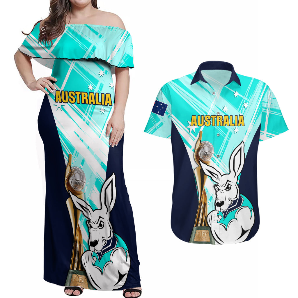 Australia Soccer Couples Matching Off Shoulder Maxi Dress and Hawaiian Shirt Matildas Kangaroo With World Cup Trophy 2023 Turquoise Version - Wonder Print Shop