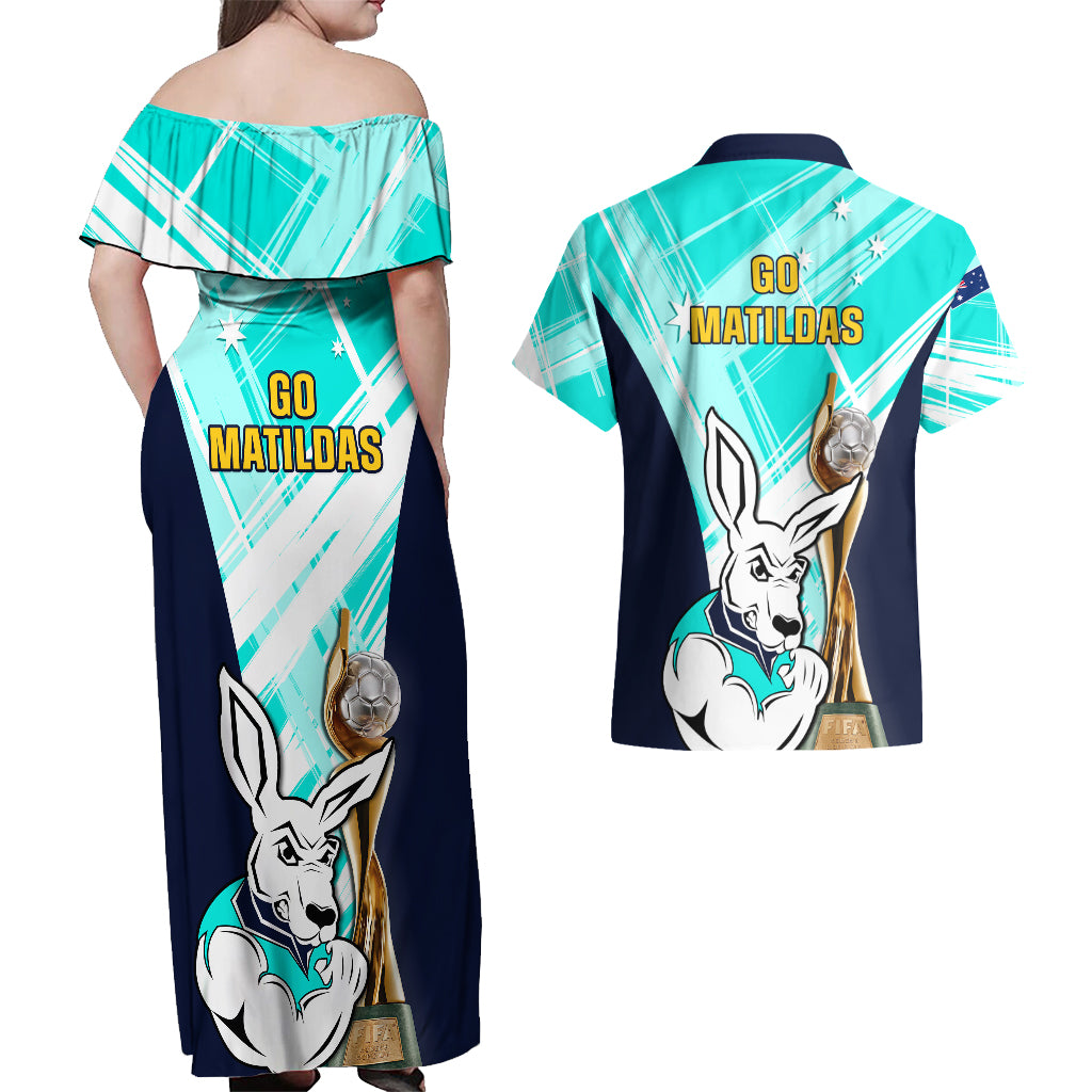 Australia Soccer Couples Matching Off Shoulder Maxi Dress and Hawaiian Shirt Matildas Kangaroo With World Cup Trophy 2023 Turquoise Version - Wonder Print Shop