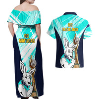Australia Soccer Couples Matching Off Shoulder Maxi Dress and Hawaiian Shirt Matildas Kangaroo With World Cup Trophy 2023 Turquoise Version - Wonder Print Shop