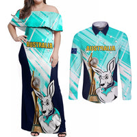Australia Soccer Couples Matching Off Shoulder Maxi Dress and Long Sleeve Button Shirts Matildas Kangaroo With World Cup Trophy 2023 Turquoise Version - Wonder Print Shop