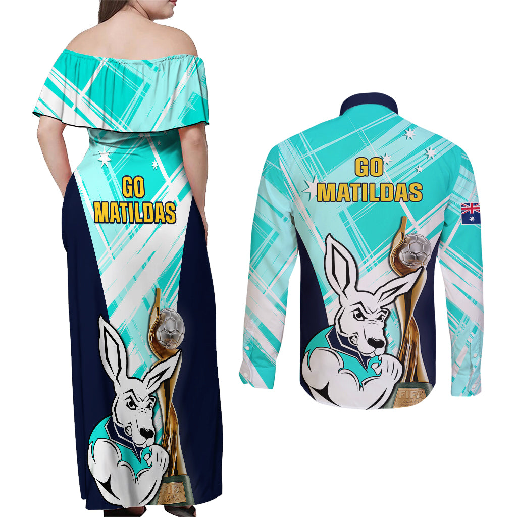 Australia Soccer Couples Matching Off Shoulder Maxi Dress and Long Sleeve Button Shirts Matildas Kangaroo With World Cup Trophy 2023 Turquoise Version - Wonder Print Shop