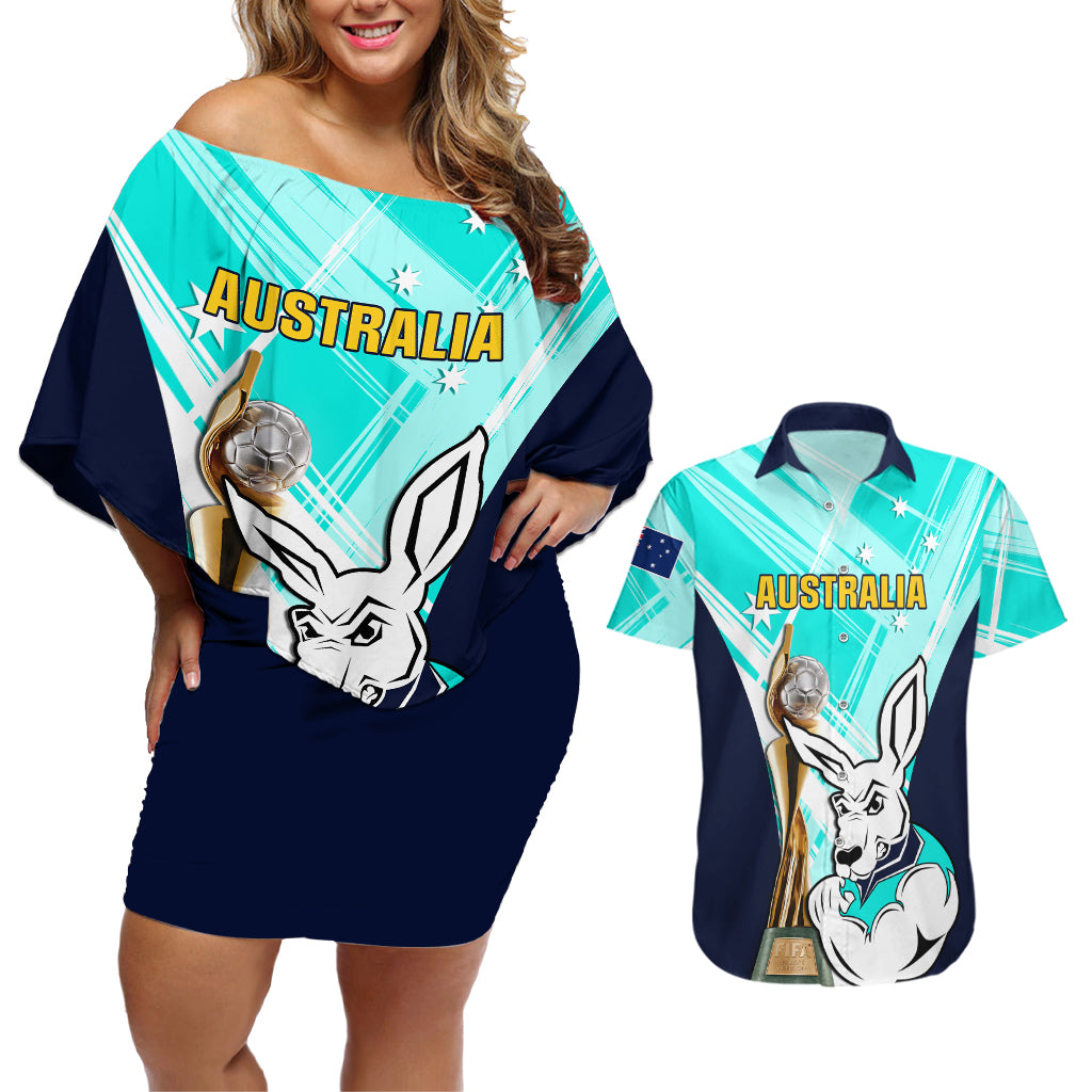 Australia Soccer Couples Matching Off Shoulder Short Dress and Hawaiian Shirt Matildas Kangaroo With World Cup Trophy 2023 Turquoise Version - Wonder Print Shop