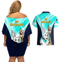 Australia Soccer Couples Matching Off Shoulder Short Dress and Hawaiian Shirt Matildas Kangaroo With World Cup Trophy 2023 Turquoise Version - Wonder Print Shop