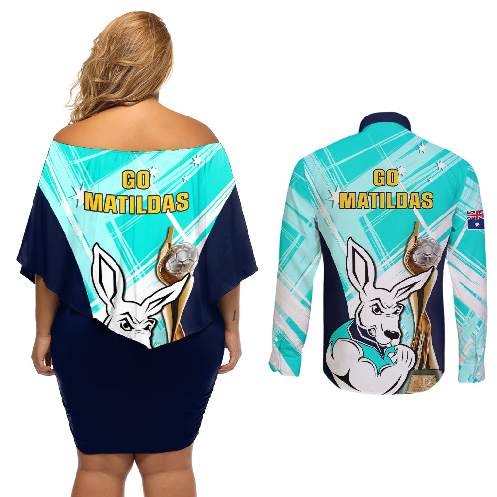 Australia Soccer Couples Matching Off Shoulder Short Dress and Long Sleeve Button Shirts Matildas Kangaroo With World Cup Trophy 2023 Turquoise Version - Wonder Print Shop