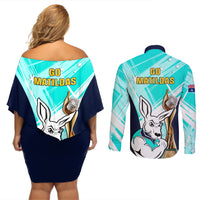 Australia Soccer Couples Matching Off Shoulder Short Dress and Long Sleeve Button Shirts Matildas Kangaroo With World Cup Trophy 2023 Turquoise Version - Wonder Print Shop