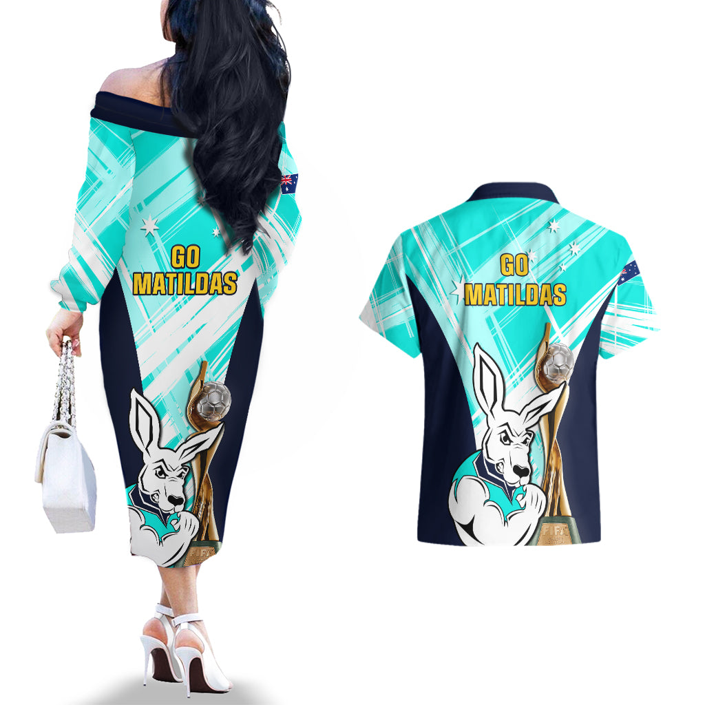 Australia Soccer Couples Matching Off The Shoulder Long Sleeve Dress and Hawaiian Shirt Matildas Kangaroo With World Cup Trophy 2023 Turquoise Version - Wonder Print Shop