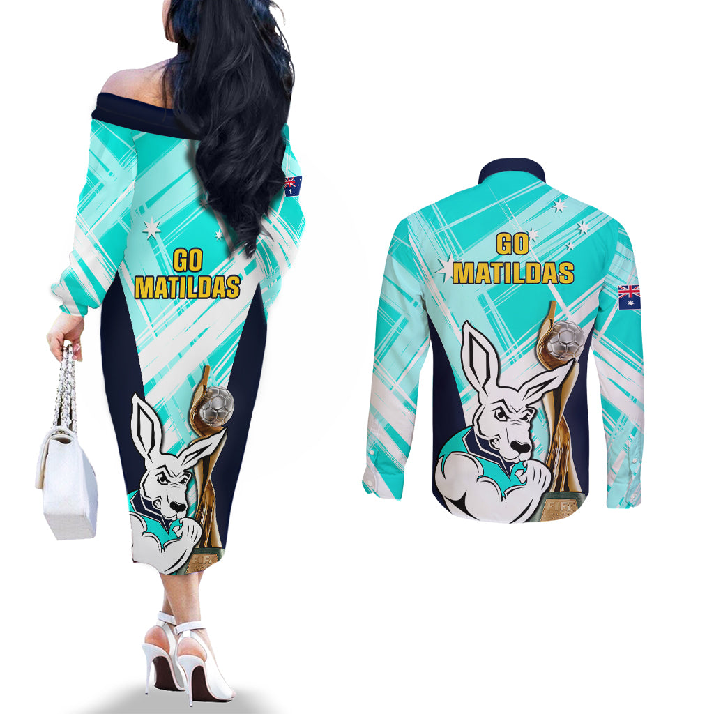 australia-soccer-couples-matching-off-the-shoulder-long-sleeve-dress-and-long-sleeve-button-shirts-matildas-kangaroo-with-world-cup-trophy-2023-turquoise-version