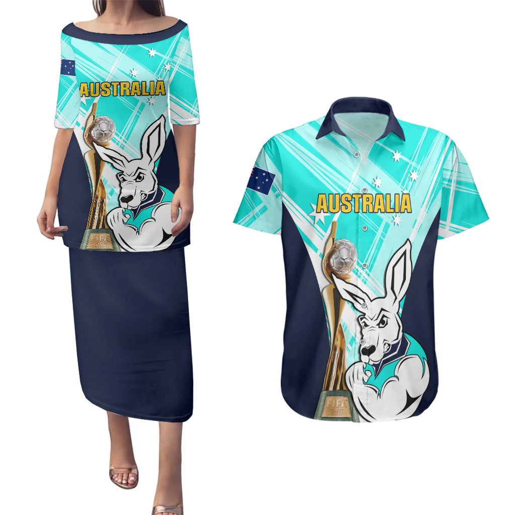Australia Soccer Couples Matching Puletasi Dress and Hawaiian Shirt Matildas Kangaroo With World Cup Trophy 2023 Turquoise Version - Wonder Print Shop