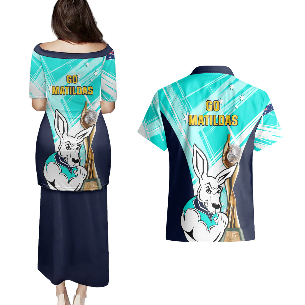 Australia Soccer Couples Matching Puletasi Dress and Hawaiian Shirt Matildas Kangaroo With World Cup Trophy 2023 Turquoise Version - Wonder Print Shop