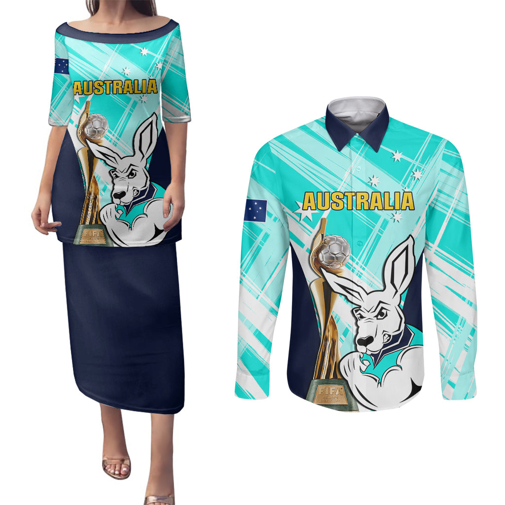 Australia Soccer Couples Matching Puletasi Dress and Long Sleeve Button Shirts Matildas Kangaroo With World Cup Trophy 2023 Turquoise Version - Wonder Print Shop