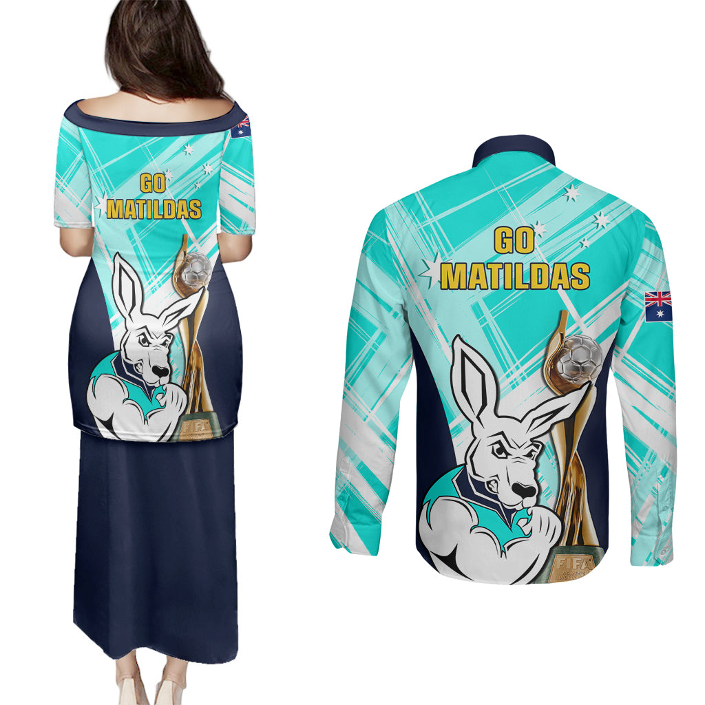 Australia Soccer Couples Matching Puletasi Dress and Long Sleeve Button Shirts Matildas Kangaroo With World Cup Trophy 2023 Turquoise Version - Wonder Print Shop