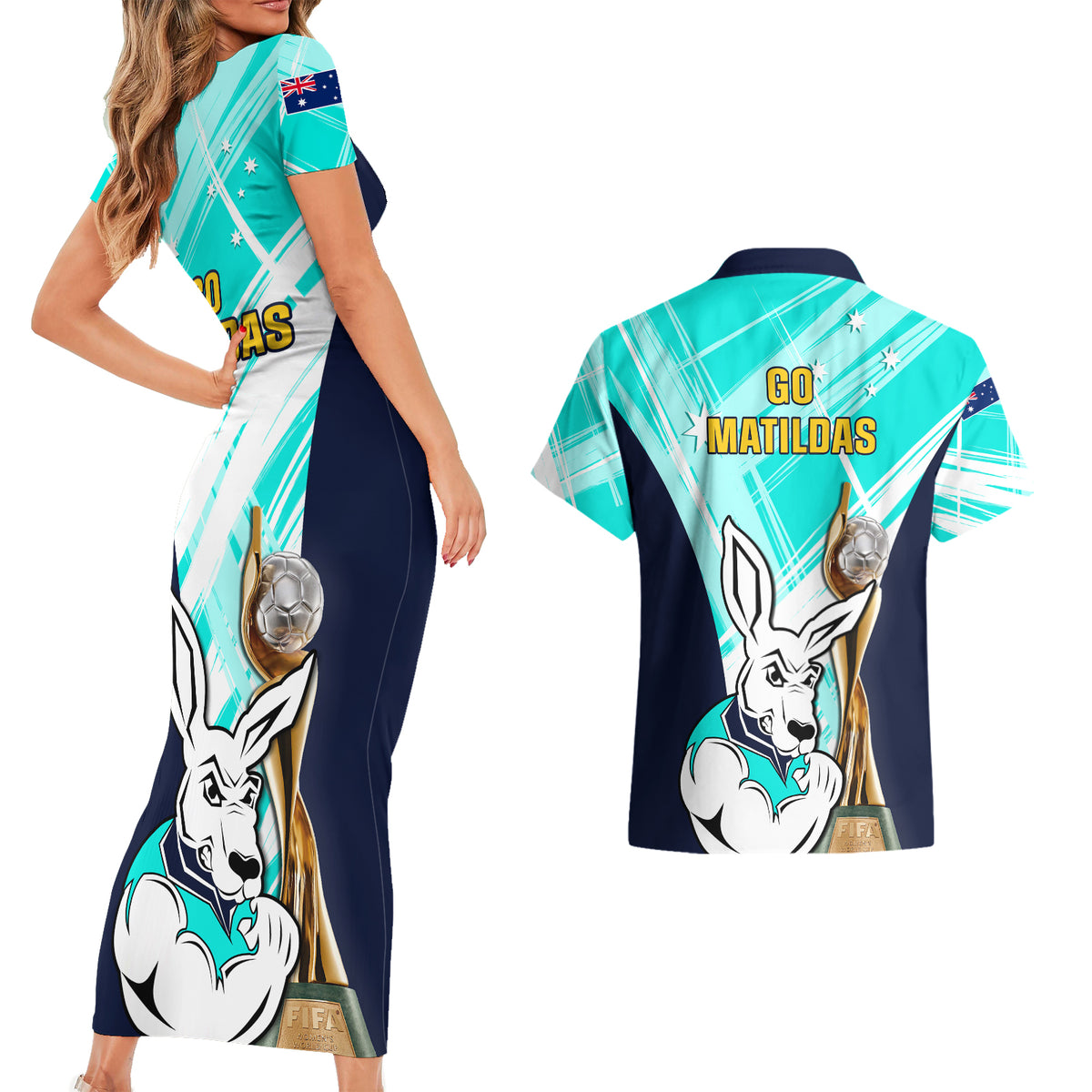 Australia Soccer Couples Matching Short Sleeve Bodycon Dress and Hawaiian Shirt Matildas Kangaroo With World Cup Trophy 2023 Turquoise Version - Wonder Print Shop
