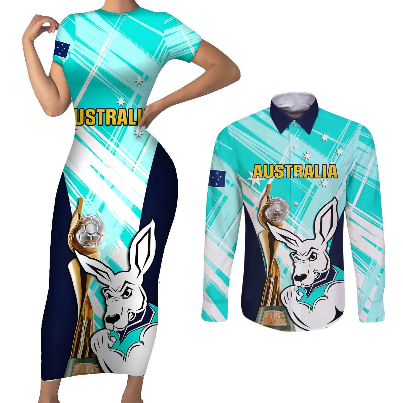 Australia Soccer Couples Matching Short Sleeve Bodycon Dress and Long Sleeve Button Shirts Matildas Kangaroo With World Cup Trophy 2023 Turquoise Version - Wonder Print Shop