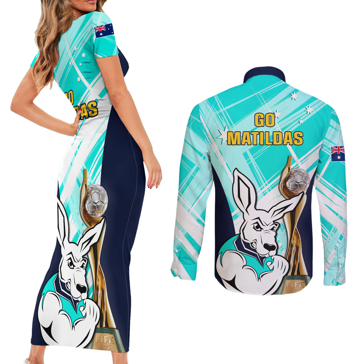 Australia Soccer Couples Matching Short Sleeve Bodycon Dress and Long Sleeve Button Shirts Matildas Kangaroo With World Cup Trophy 2023 Turquoise Version - Wonder Print Shop