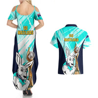 Australia Soccer Couples Matching Summer Maxi Dress and Hawaiian Shirt Matildas Kangaroo With World Cup Trophy 2023 Turquoise Version - Wonder Print Shop