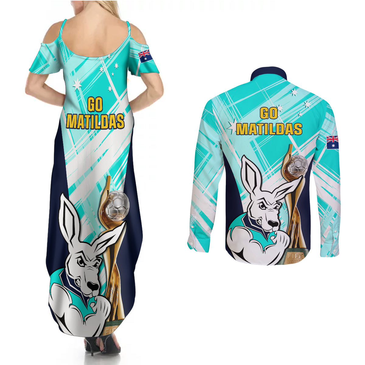 Australia Soccer Couples Matching Summer Maxi Dress and Long Sleeve Button Shirts Matildas Kangaroo With World Cup Trophy 2023 Turquoise Version - Wonder Print Shop