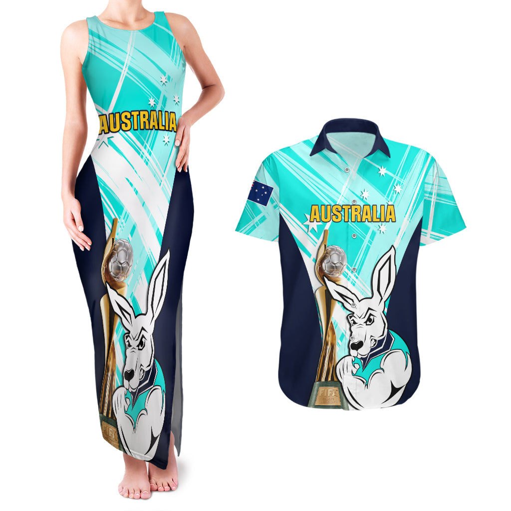 Australia Soccer Couples Matching Tank Maxi Dress and Hawaiian Shirt Matildas Kangaroo With World Cup Trophy 2023 Turquoise Version - Wonder Print Shop