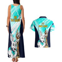 Australia Soccer Couples Matching Tank Maxi Dress and Hawaiian Shirt Matildas Kangaroo With World Cup Trophy 2023 Turquoise Version - Wonder Print Shop